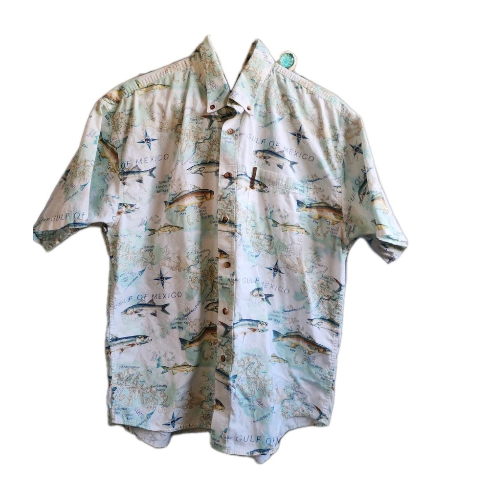 Clearwater Mens Button Up. Fish, Gulf Of Mexico, Tropical,‎ 100% Cotton.